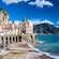 Mountains, the village of Atrani and a small beach along the sea